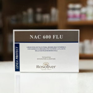 Integratore di NAC 600 FLU, integratore con N-acetilcisteina, Vitamina C, Bromelina, Drosera e Sambuco per supporto respiratorio e immunitario.